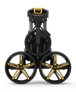 PowaKaddy 2022 DXL Lite Fast Fold Push Cart Yellow Trim -Golf Accessories Sales Store Product Template 0004s 0004 PowaKaddy DLX Gunmetal Yellow Folded Back